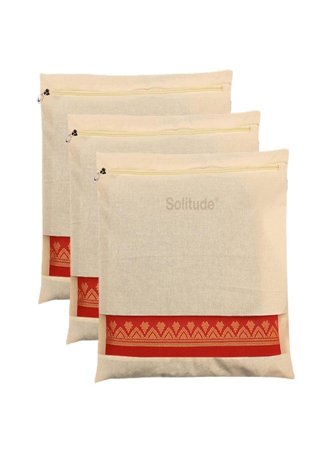 Solitude Pack of 3 Cotton Saree Covers for Storage | Saree Bags with Zipper 16x14 Inches | Cloth Bag for Wardrobe Storage Organizer with Transparent Mesh Window Saree Organiser (Beige) - Image 1